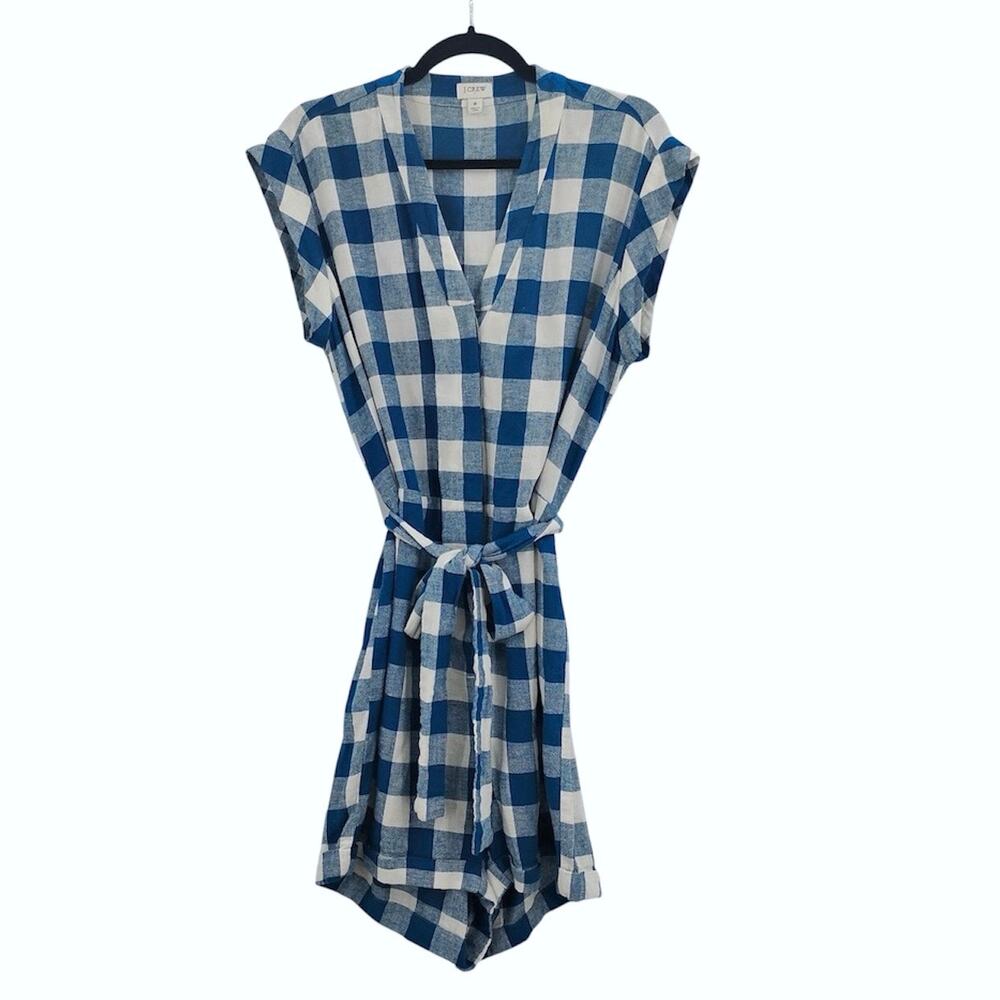 J Crew Linen Blend Gingham Romper Blue White Plaid Belted Pockets BI402 Size 8